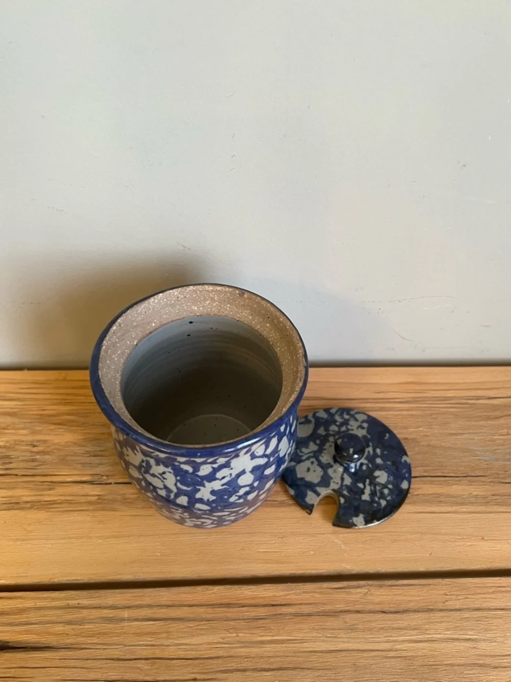 Bastine Pottery Indiana Blue Spongeware Stoneware Lidded Jar